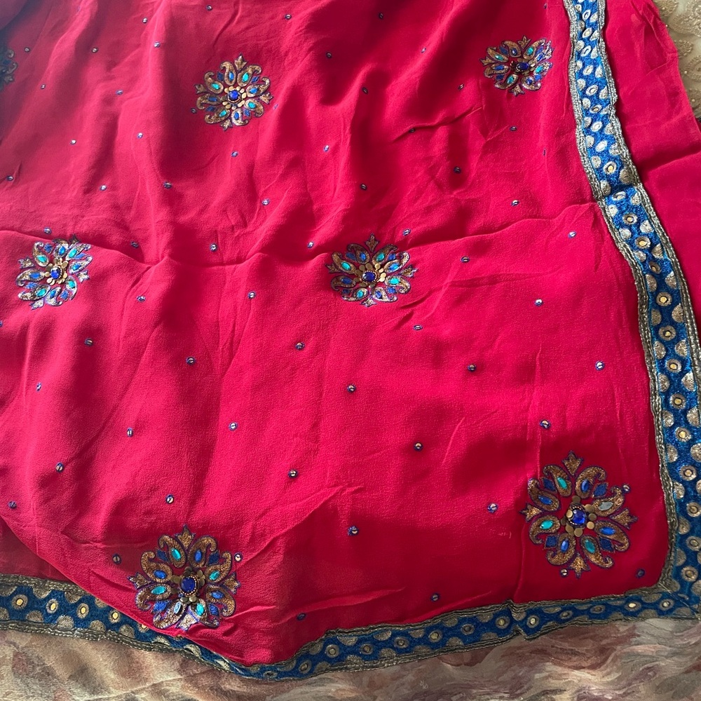 Embellished Fuchsia Saree Panel with Blue-Gold Border